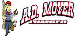 a.d. moyer lumber logo in black and red, with a man holding wood and tools